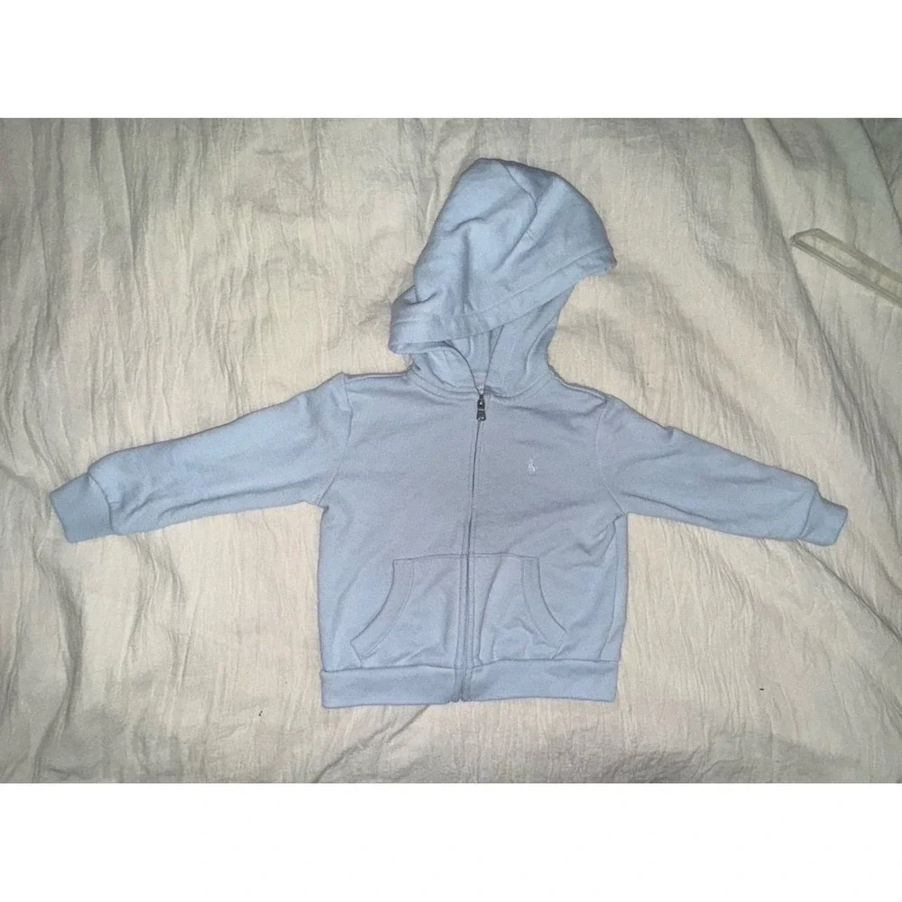 Ralph Lauren light blue baby zip up hoodie infant size 18 months flawed